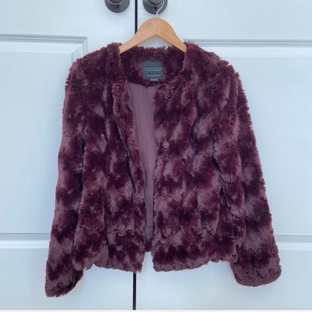 Sanctuary Faux Fur Jacket Small Burgundy Maroon Soft Teddy Fur